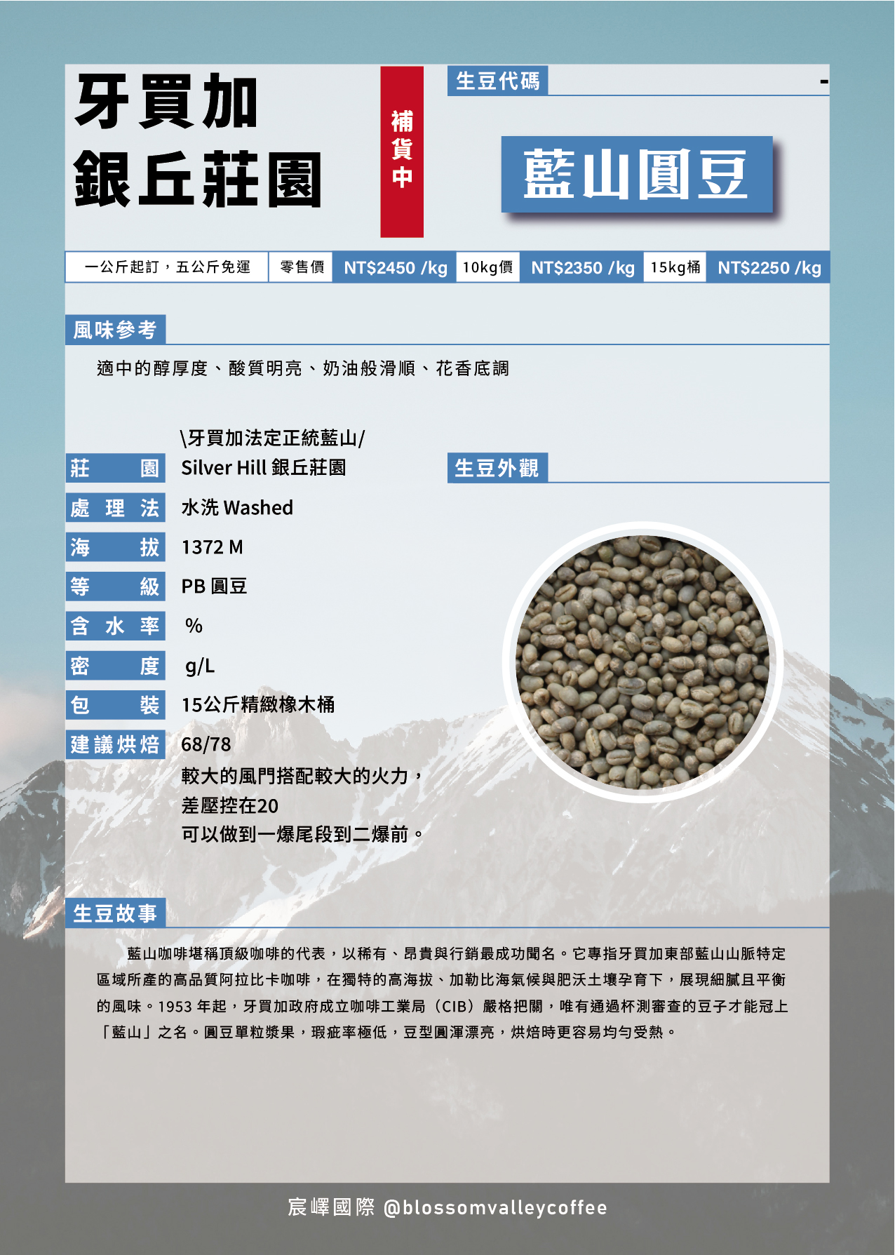 [預訂]｜牙買加 銀丘莊園 頂級藍山圓豆