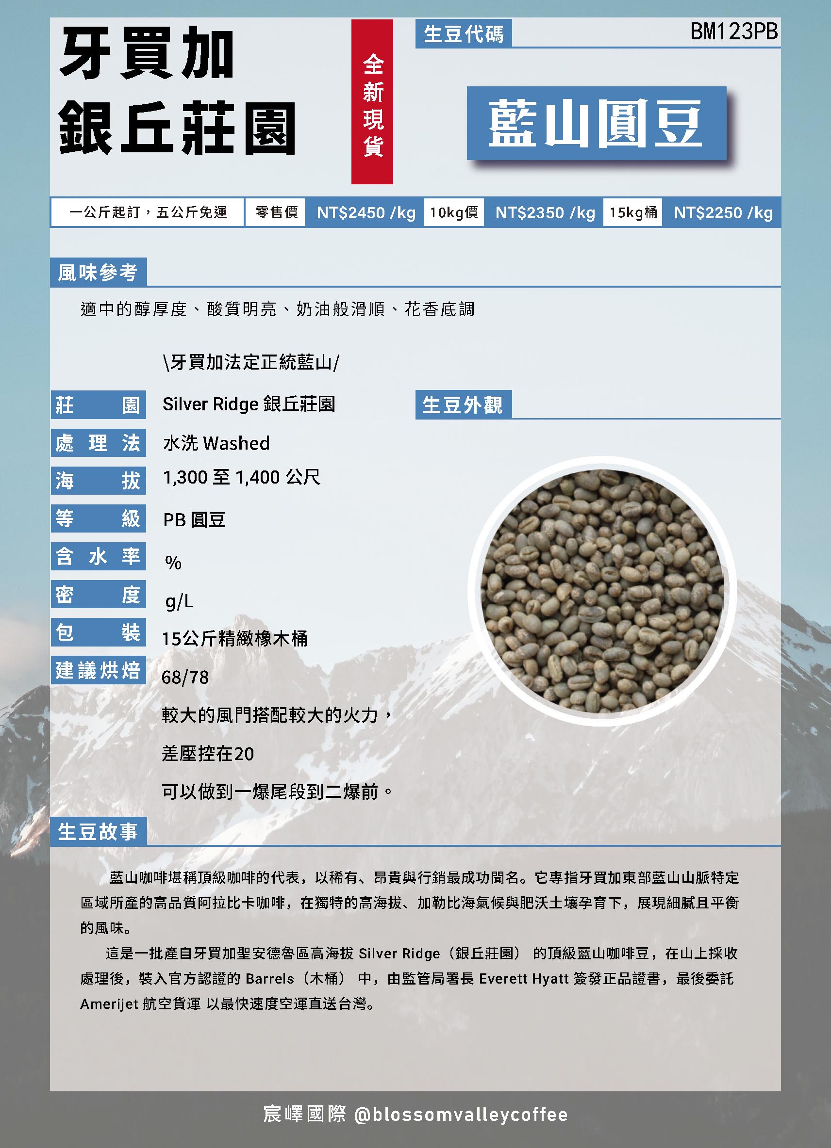 [補貨中]BM123PB｜牙買加 銀丘莊園 頂級藍山圓豆